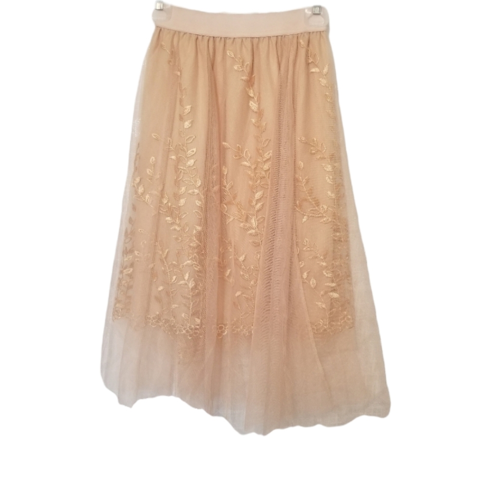 Women's Blush Pink Embroidered Tulle Vine Skirt Size Small Fairycore Whimsical